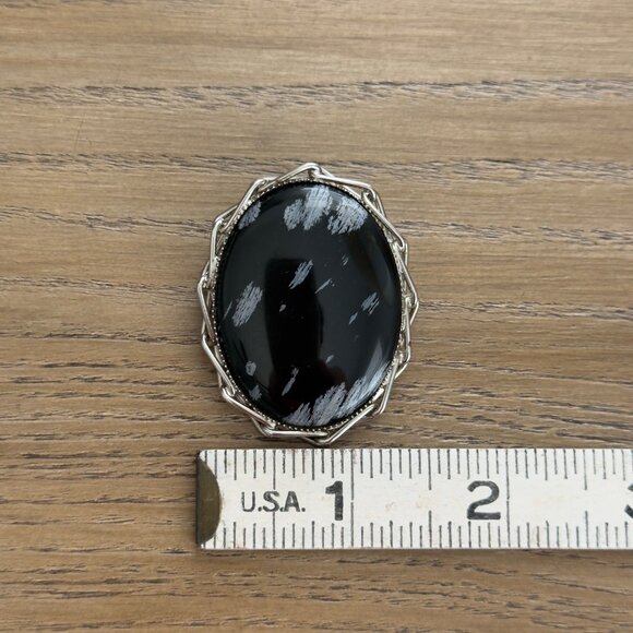 Vintage Brooch Pin Pendant Oval Snowflake Obsidian Stone Silver Tone - Picture 4 of 11